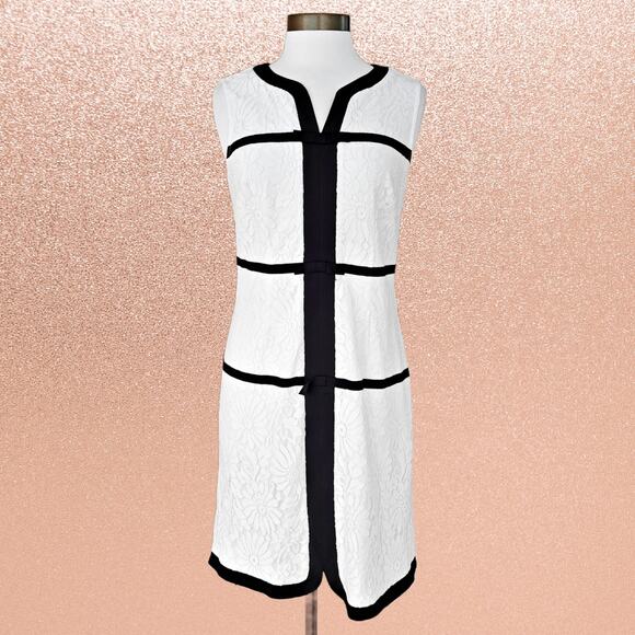 Karl Lagerfeld White Lace Sleeveless Sheath Dress Size 6 Black Contrast Trim Bow - Picture 4 of 10